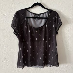 Killstar Sheer Moon Top Cap Sleeve Sz 4X Cropped Lining Bow Ruffled Sleeve Black